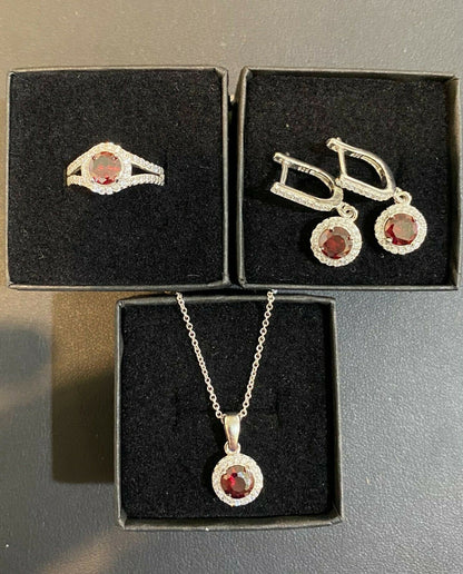 HarlemBling Real 925 Silver Red Ruby and Diamond Ring Pendant Necklace and Earrings Jewelry Set