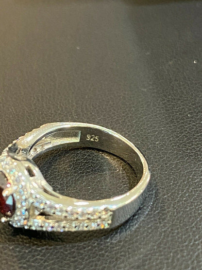 HarlemBling Real 925 Silver Red Ruby and Diamond Ring Pendant Necklace and Earrings Jewelry Set