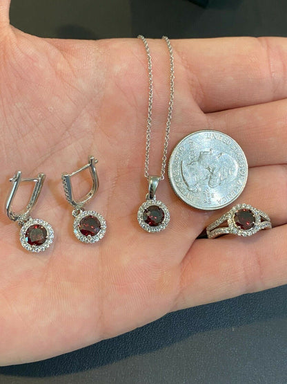 HarlemBling Real 925 Silver Red Ruby and Diamond Ring Pendant Necklace and Earrings Jewelry Set