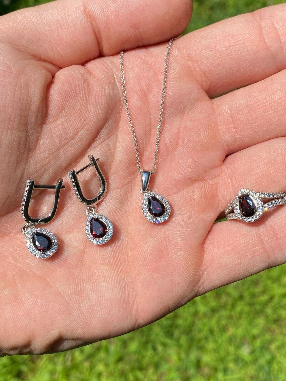 HarlemBling Real 925 Silver Ruby Stone and Diamond Ring Pendant Necklace Earrings Jewelry Set