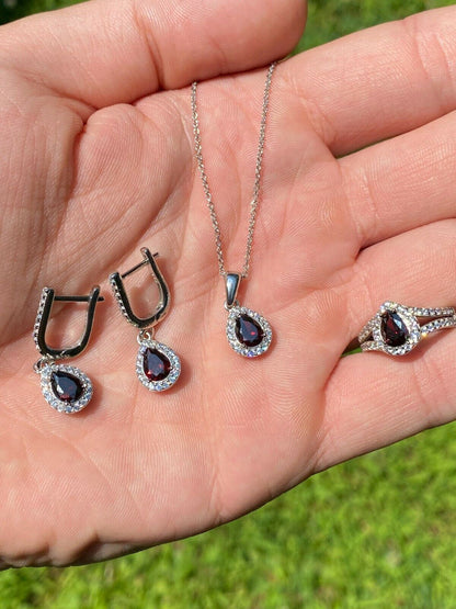 HarlemBling Real 925 Silver Ruby Stone and Diamond Ring Pendant Necklace Earrings Jewelry Set