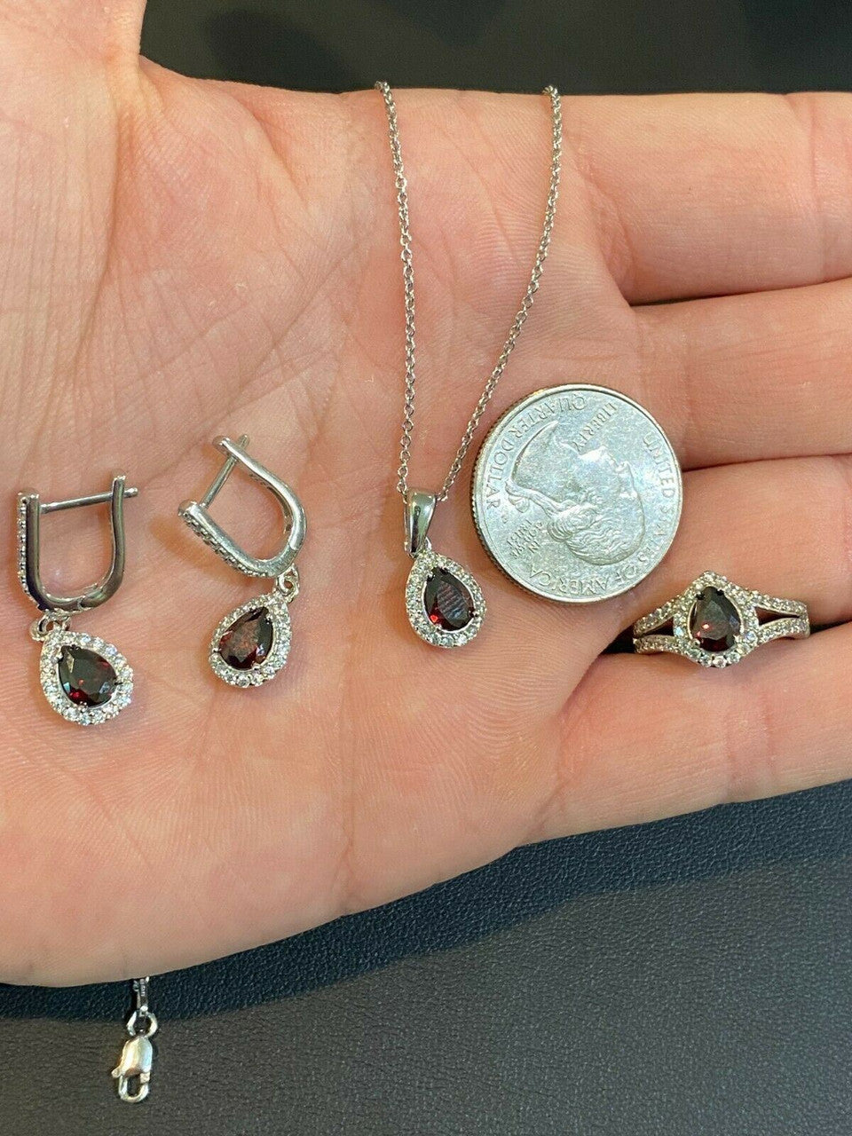 HarlemBling Real 925 Silver Ruby Stone and Diamond Ring Pendant Necklace Earrings Jewelry Set