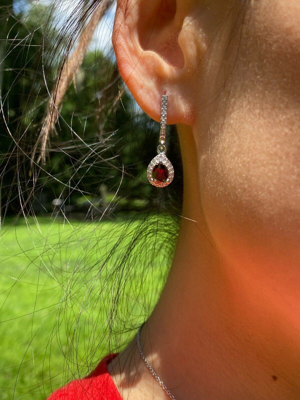 HarlemBling Real 925 Silver Ruby Stone and Diamond Ring Pendant Necklace Earrings Jewelry Set