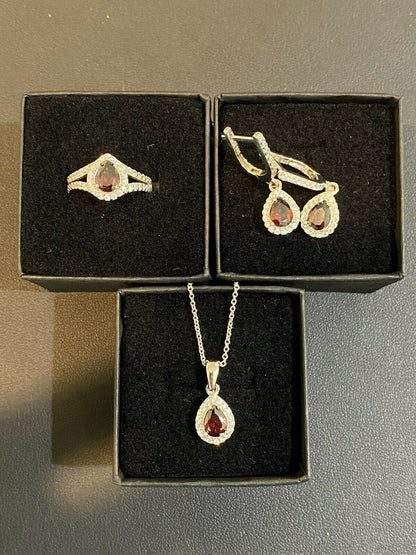 HarlemBling Real 925 Silver Ruby Stone and Diamond Ring Pendant Necklace Earrings Jewelry Set