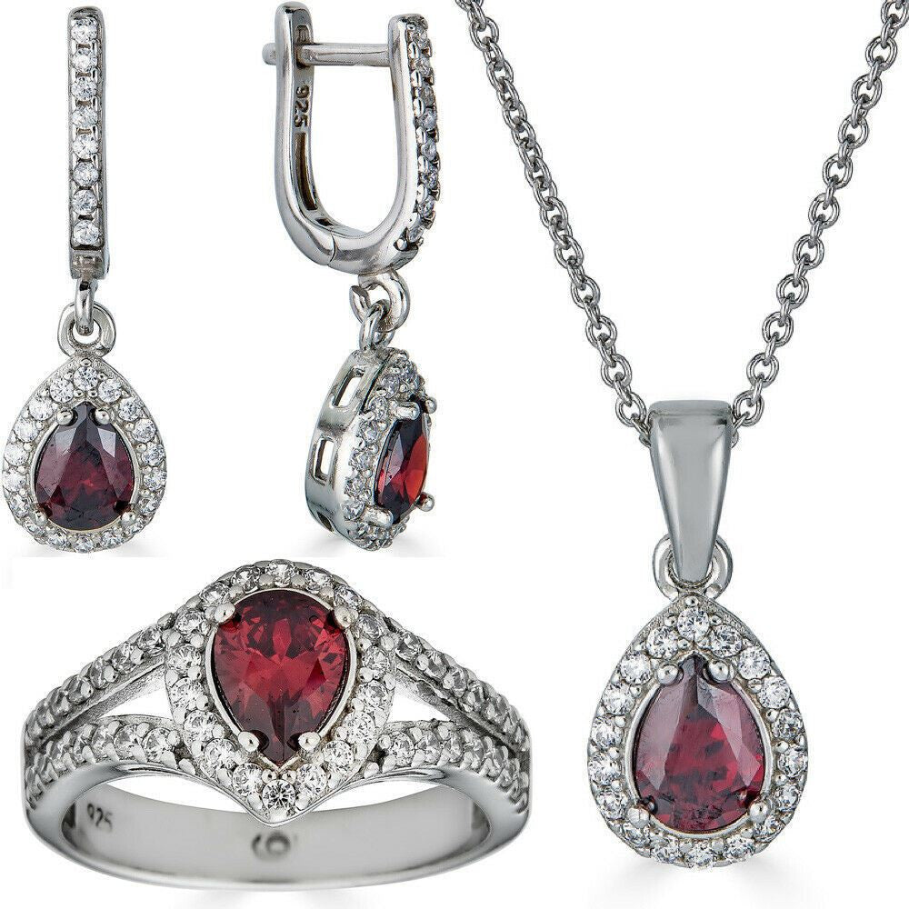 HarlemBling Real 925 Silver Ruby Stone and Diamond Ring Pendant Necklace Earrings Jewelry Set