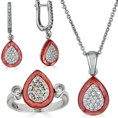 HarlemBling Real 925 Silver Teardrop Diamond Pink Pearl Ring Necklace and Earrings Girls Set