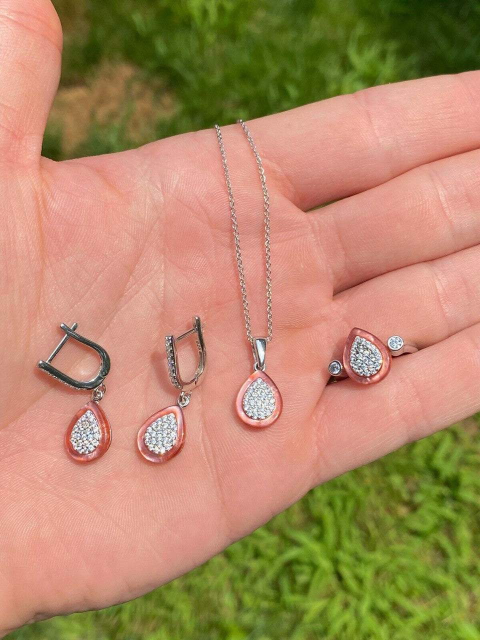 HarlemBling Real 925 Silver Teardrop Diamond Pink Pearl Ring Necklace and Earrings Girls Set