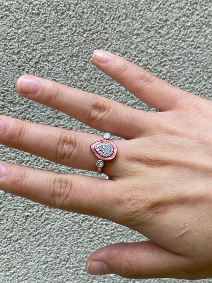 HarlemBling Real 925 Silver Teardrop Diamond Pink Pearl Ring Necklace and Earrings Girls Set