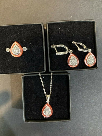 HarlemBling Real 925 Silver Teardrop Diamond Pink Pearl Ring Necklace and Earrings Girls Set