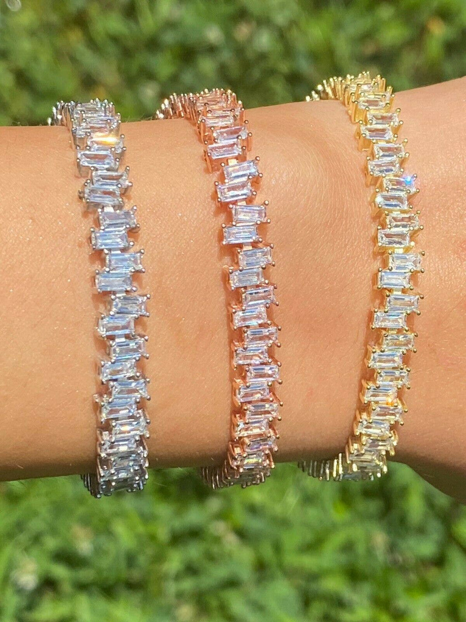 HarlemBling Real 925 Silver / Yellow Rose Gold Baguette Tennis Diamond Ladies Bracelet 6mm