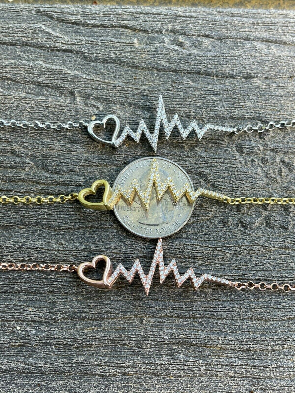 HarlemBling Real 925 Silver / Yellow Rose Gold Beating Heartbeat Pulse Heart Ladies Bracelet