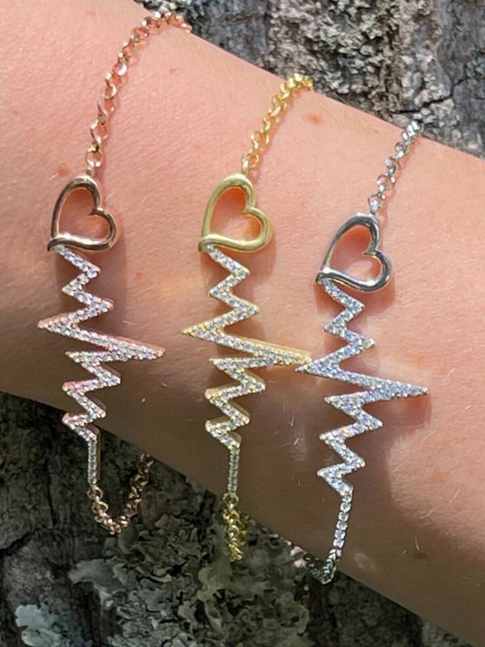 HarlemBling Real 925 Silver / Yellow Rose Gold Beating Heartbeat Pulse Heart Ladies Bracelet