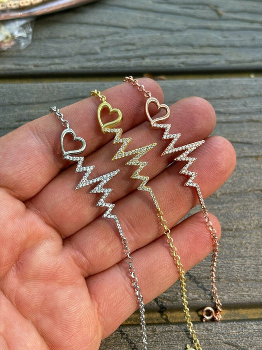 HarlemBling Real 925 Silver / Yellow Rose Gold Beating Heartbeat Pulse Heart Ladies Bracelet