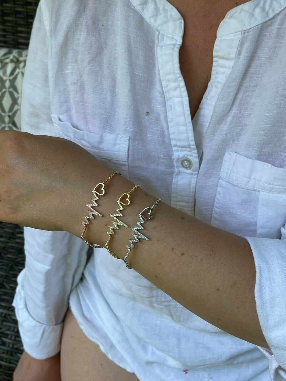 HarlemBling Real 925 Silver / Yellow Rose Gold Beating Heartbeat Pulse Heart Ladies Bracelet