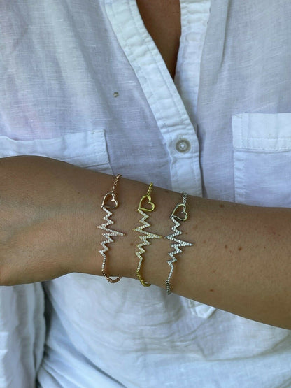 HarlemBling Real 925 Silver / Yellow Rose Gold Beating Heartbeat Pulse Heart Ladies Bracelet