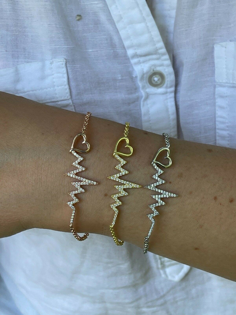 HarlemBling Real 925 Silver / Yellow Rose Gold Beating Heartbeat Pulse Heart Ladies Bracelet