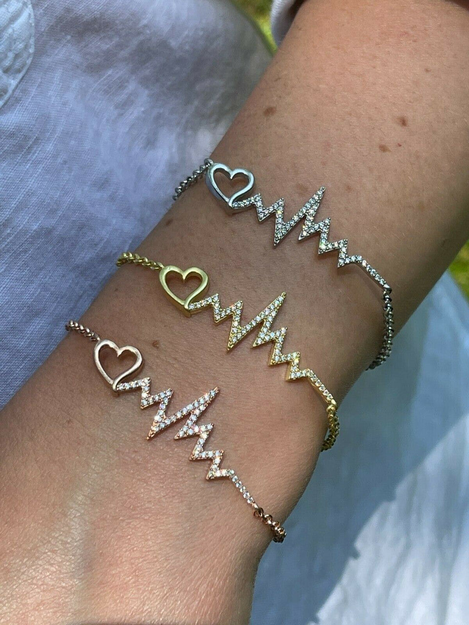 HarlemBling Real 925 Silver / Yellow Rose Gold Beating Heartbeat Pulse Heart Ladies Bracelet
