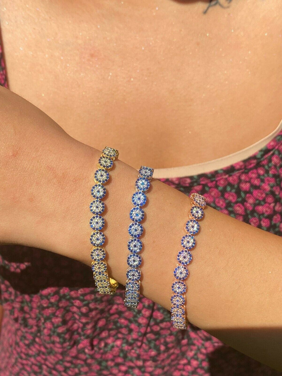 HarlemBling Real 925 Silver Yellow Rose Gold Evil Eye Blue Sapphire Cluster Tennis Bracelet