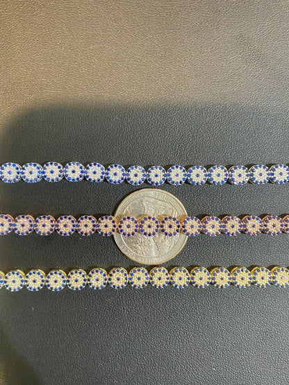 HarlemBling Real 925 Silver Yellow Rose Gold Evil Eye Blue Sapphire Cluster Tennis Bracelet