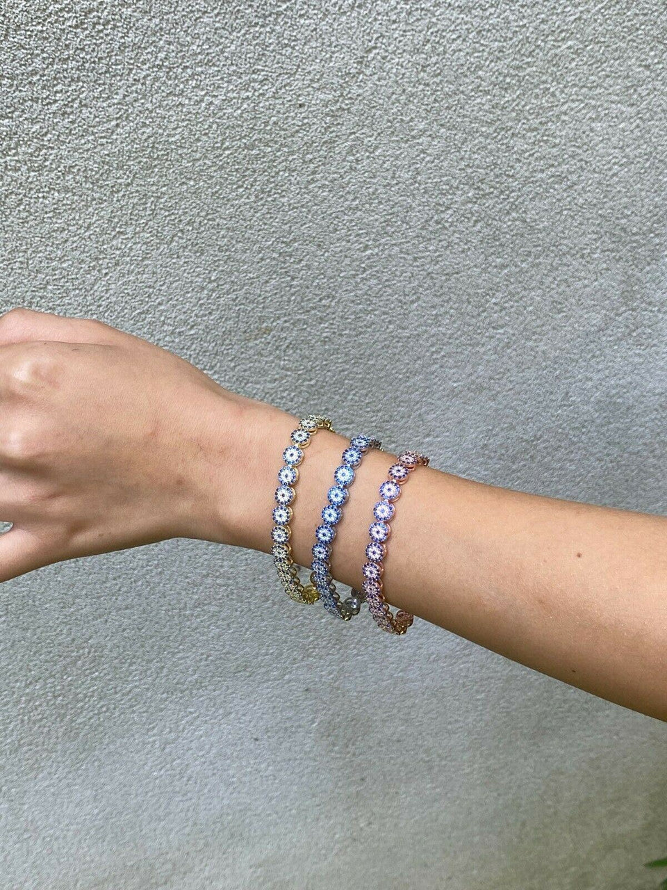 HarlemBling Real 925 Silver Yellow Rose Gold Evil Eye Blue Sapphire Cluster Tennis Bracelet