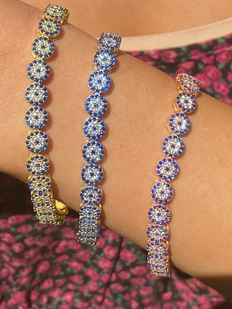 HarlemBling Real 925 Silver Yellow Rose Gold Evil Eye Blue Sapphire Cluster Tennis Bracelet