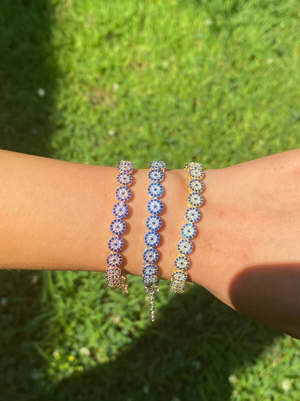 HarlemBling Real 925 Silver Yellow Rose Gold Evil Eye Blue Sapphire Cluster Tennis Bracelet