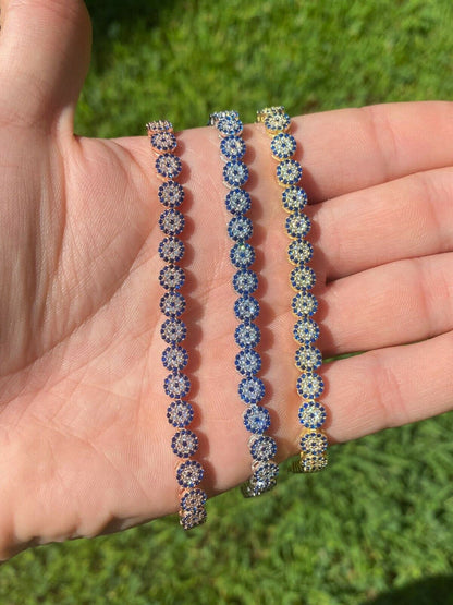 HarlemBling Real 925 Silver Yellow Rose Gold Evil Eye Blue Sapphire Cluster Tennis Bracelet