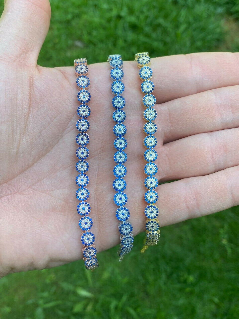 HarlemBling Real 925 Silver Yellow Rose Gold Evil Eye Blue Sapphire Cluster Tennis Bracelet