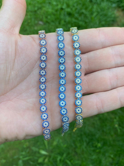 HarlemBling Real 925 Silver Yellow Rose Gold Evil Eye Blue Sapphire Cluster Tennis Bracelet