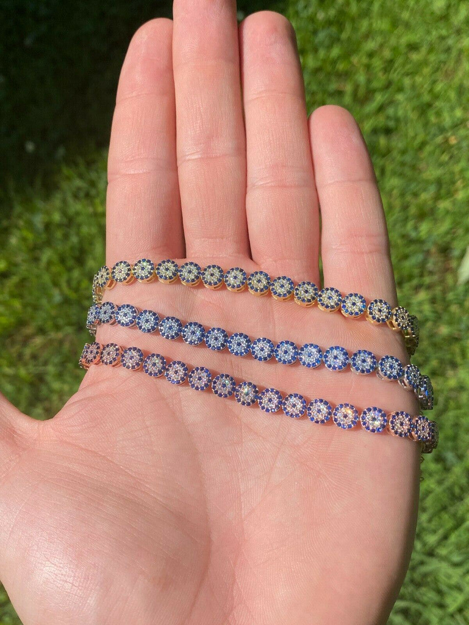 HarlemBling Real 925 Silver Yellow Rose Gold Evil Eye Blue Sapphire Cluster Tennis Bracelet