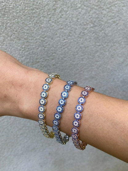 HarlemBling Real 925 Silver Yellow Rose Gold Evil Eye Blue Sapphire Cluster Tennis Bracelet