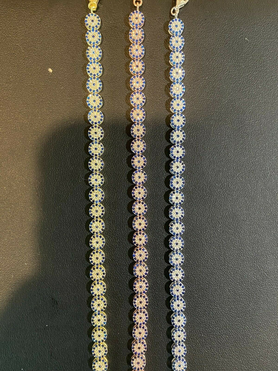 HarlemBling Real 925 Silver Yellow Rose Gold Evil Eye Blue Sapphire Cluster Tennis Bracelet