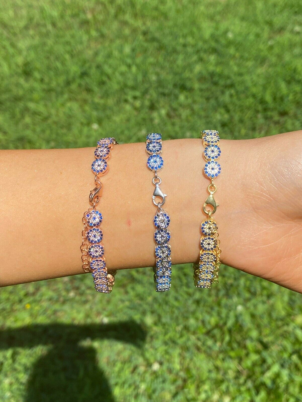 HarlemBling Real 925 Silver Yellow Rose Gold Evil Eye Blue Sapphire Cluster Tennis Bracelet