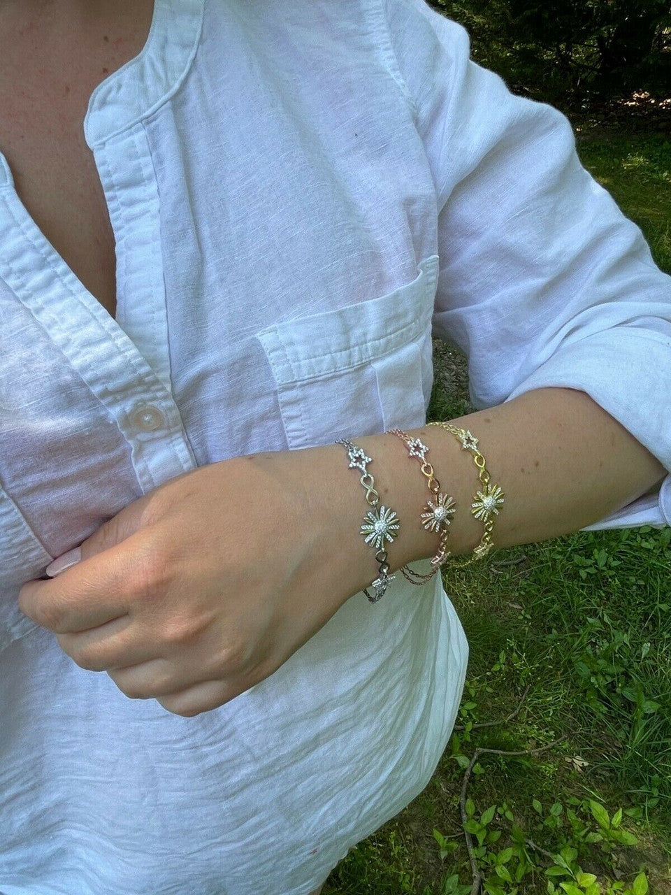 HarlemBling Real 925 Silver / Yellow Rose Gold Flower W Star Infinity Sunflower Bracelet