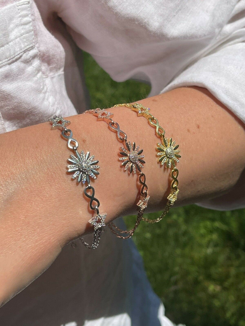 HarlemBling Real 925 Silver / Yellow Rose Gold Flower W Star Infinity Sunflower Bracelet