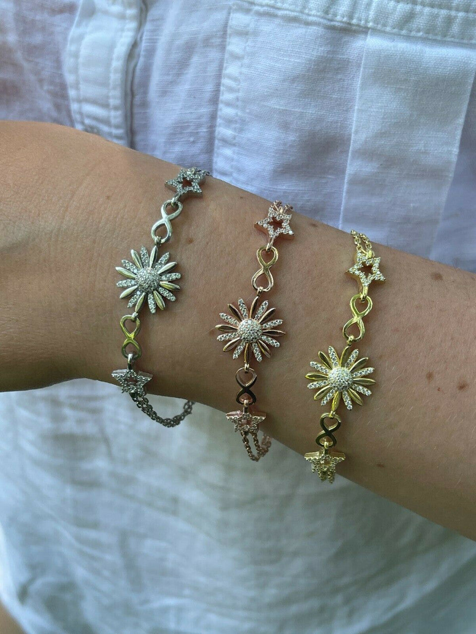 HarlemBling Real 925 Silver / Yellow Rose Gold Flower W Star Infinity Sunflower Bracelet