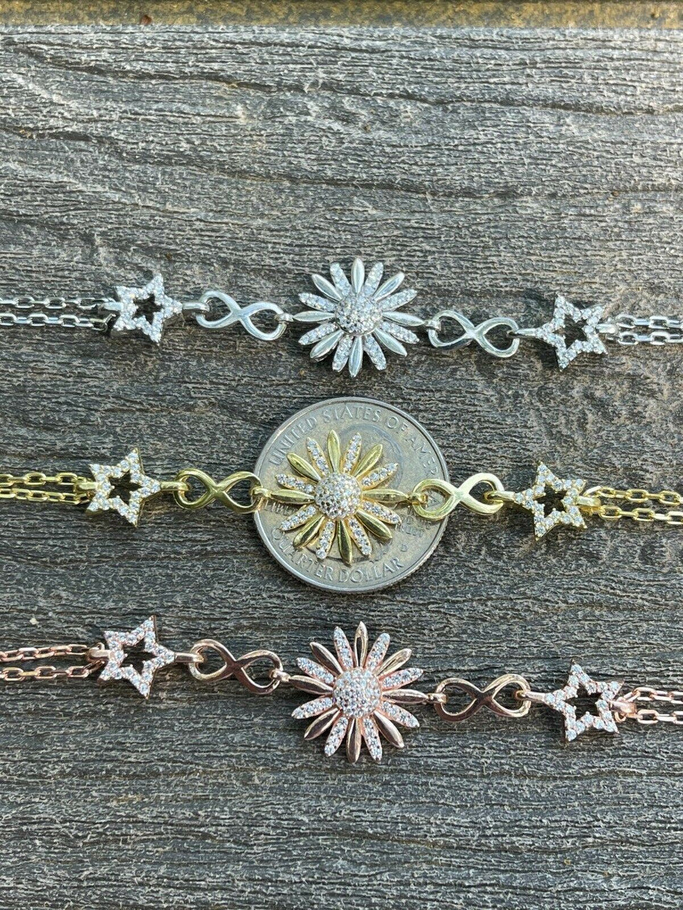 HarlemBling Real 925 Silver / Yellow Rose Gold Flower W Star Infinity Sunflower Bracelet