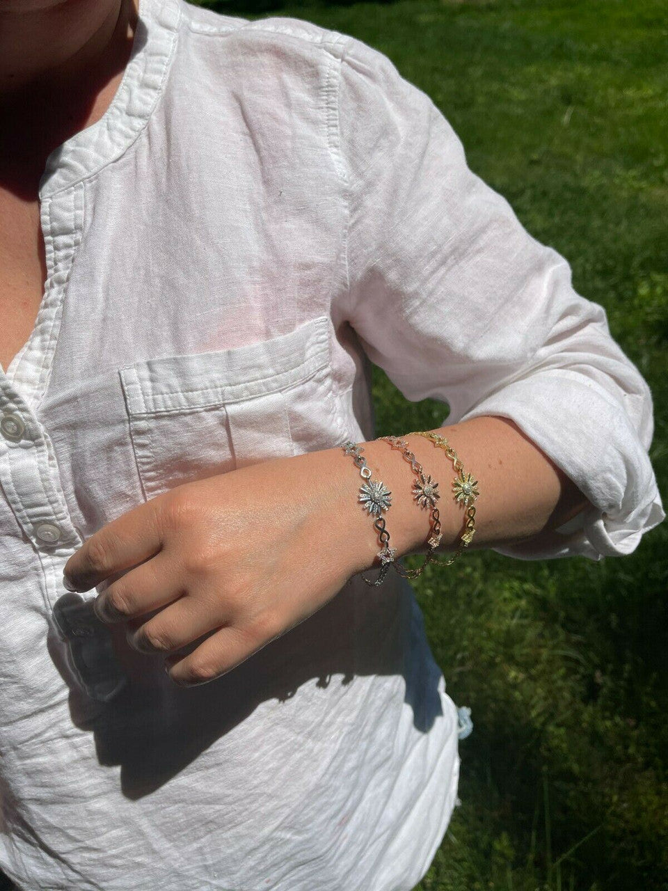 HarlemBling Real 925 Silver / Yellow Rose Gold Flower W Star Infinity Sunflower Bracelet