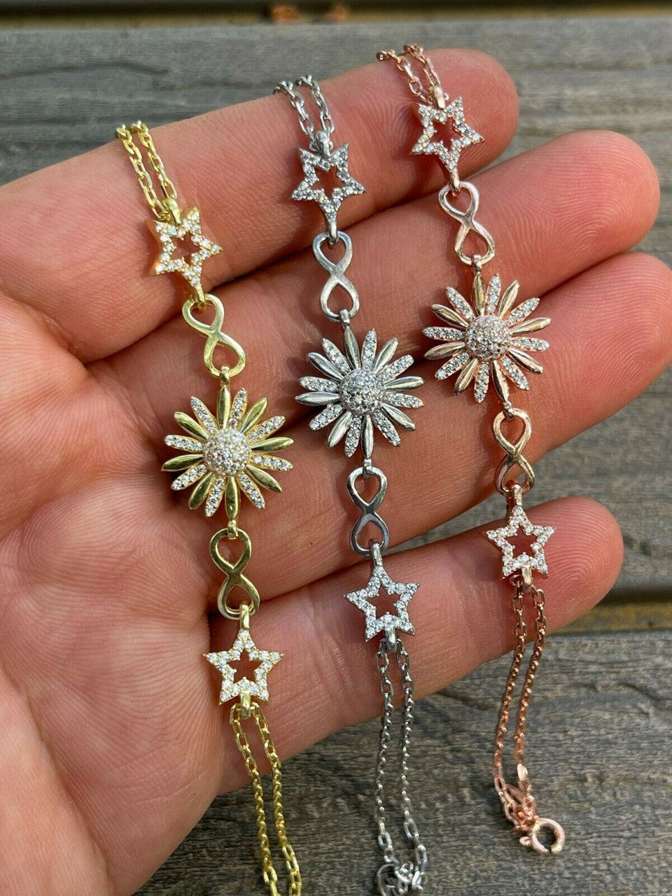 HarlemBling Real 925 Silver / Yellow Rose Gold Flower W Star Infinity Sunflower Bracelet