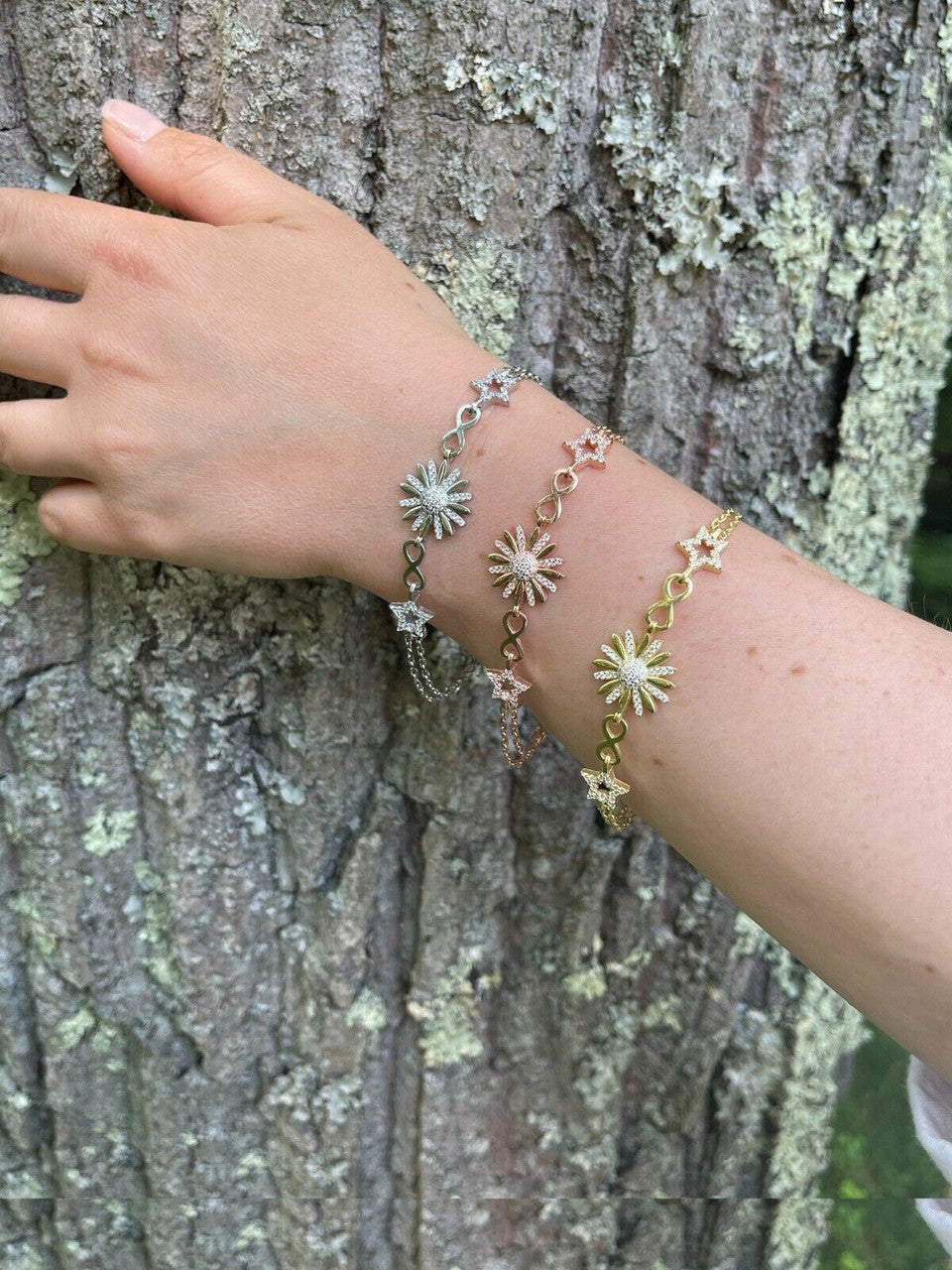 HarlemBling Real 925 Silver / Yellow Rose Gold Flower W Star Infinity Sunflower Bracelet