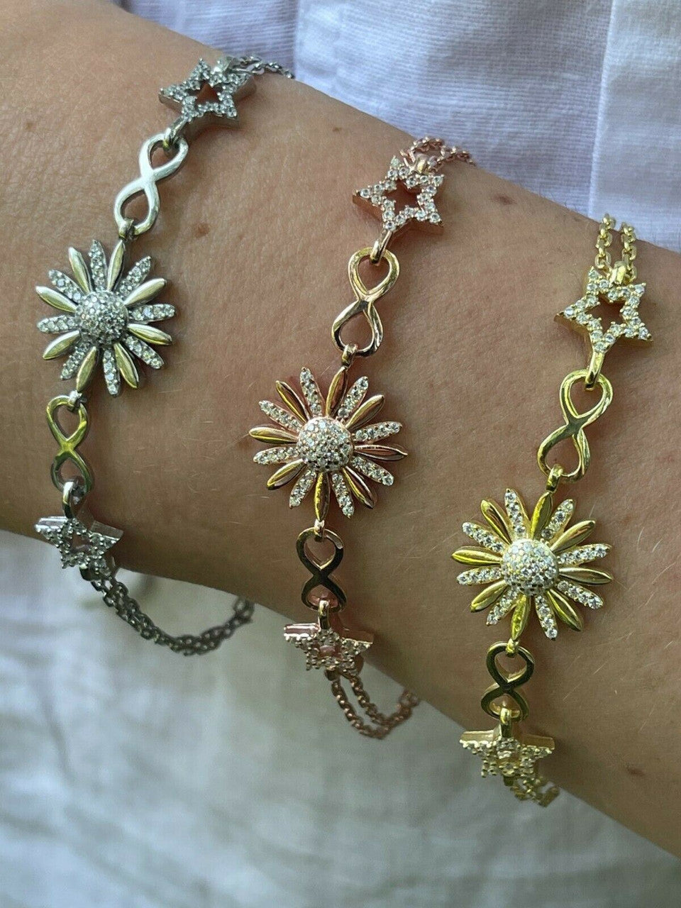 HarlemBling Real 925 Silver / Yellow Rose Gold Flower W Star Infinity Sunflower Bracelet