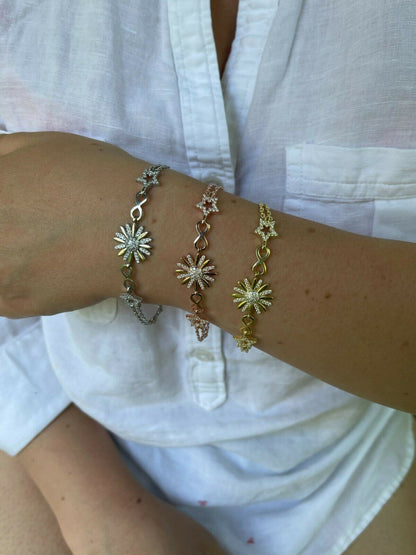 HarlemBling Real 925 Silver / Yellow Rose Gold Flower W Star Infinity Sunflower Bracelet