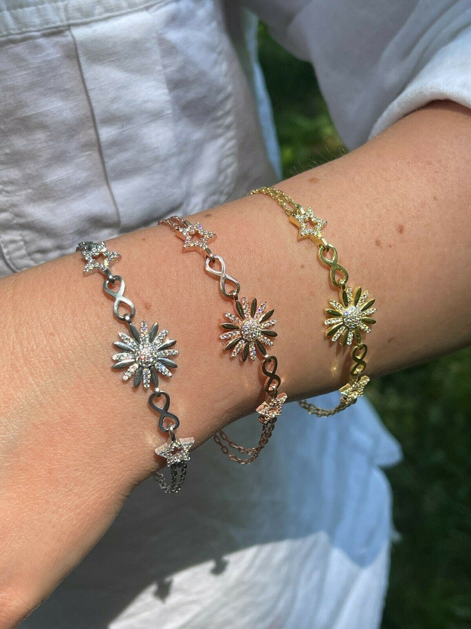 HarlemBling Real 925 Silver / Yellow Rose Gold Flower W Star Infinity Sunflower Bracelet