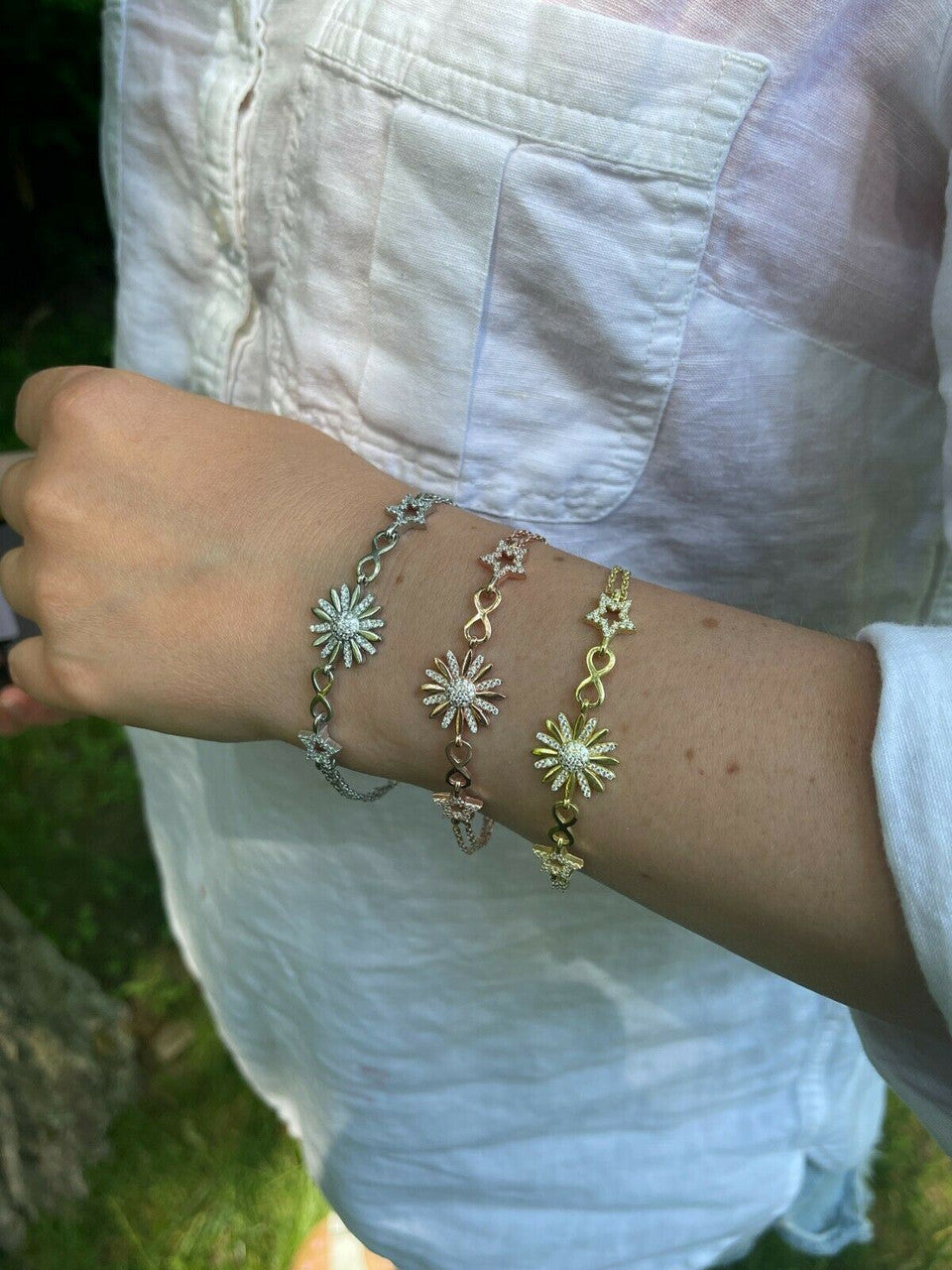 HarlemBling Real 925 Silver / Yellow Rose Gold Flower W Star Infinity Sunflower Bracelet
