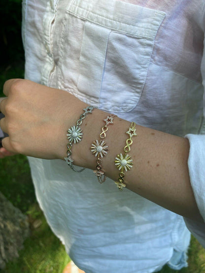 HarlemBling Real 925 Silver / Yellow Rose Gold Flower W Star Infinity Sunflower Bracelet