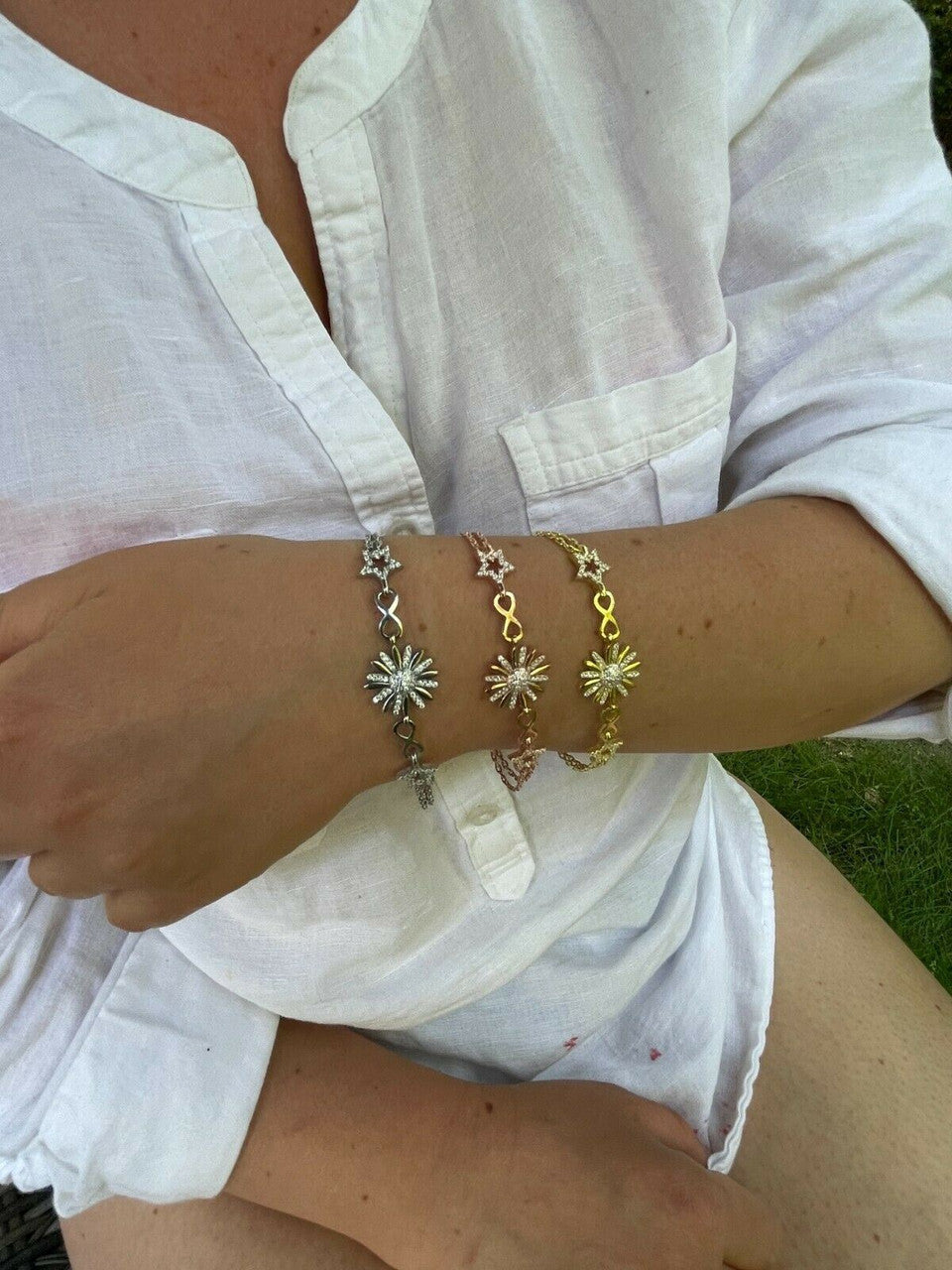 HarlemBling Real 925 Silver / Yellow Rose Gold Flower W Star Infinity Sunflower Bracelet