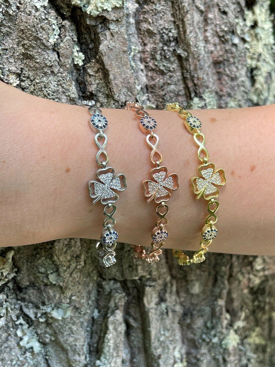 HarlemBling Real 925 Silver / Yellow Rose Gold Four Leaf Clover Evil Eye Infinity Bracelet