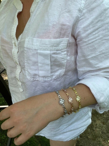 HarlemBling Real 925 Silver / Yellow Rose Gold Four Leaf Clover Evil Eye Infinity Bracelet
