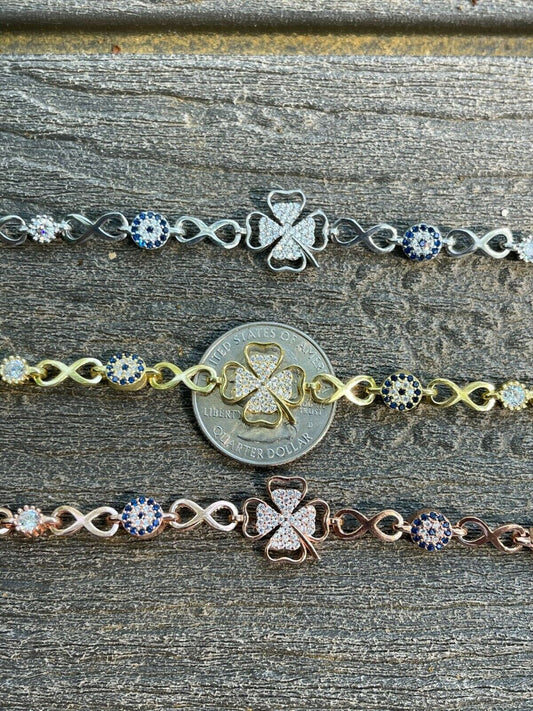HarlemBling Real 925 Silver / Yellow Rose Gold Four Leaf Clover Evil Eye Infinity Bracelet
