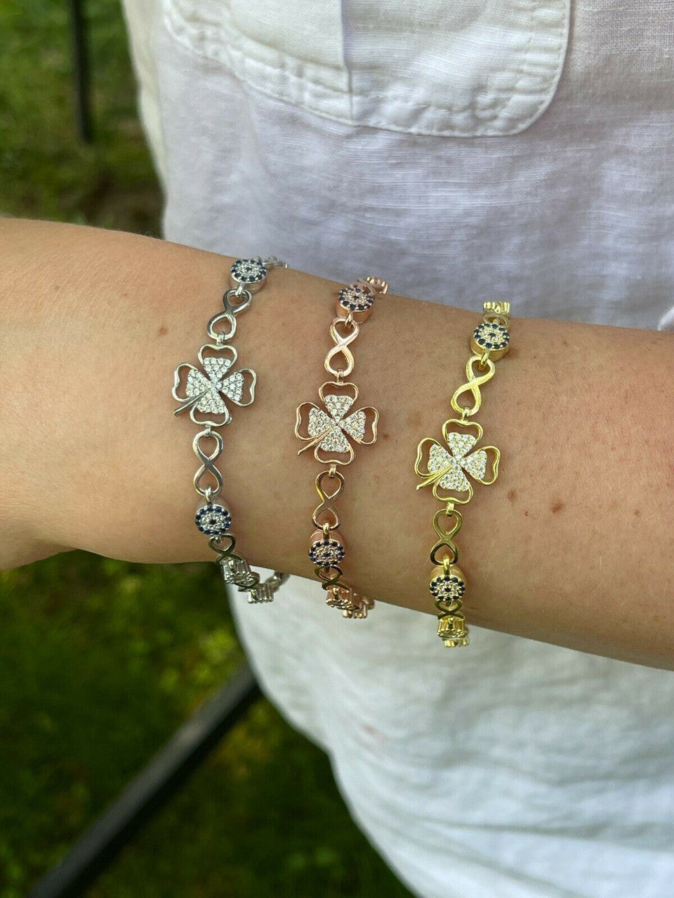 HarlemBling Real 925 Silver / Yellow Rose Gold Four Leaf Clover Evil Eye Infinity Bracelet